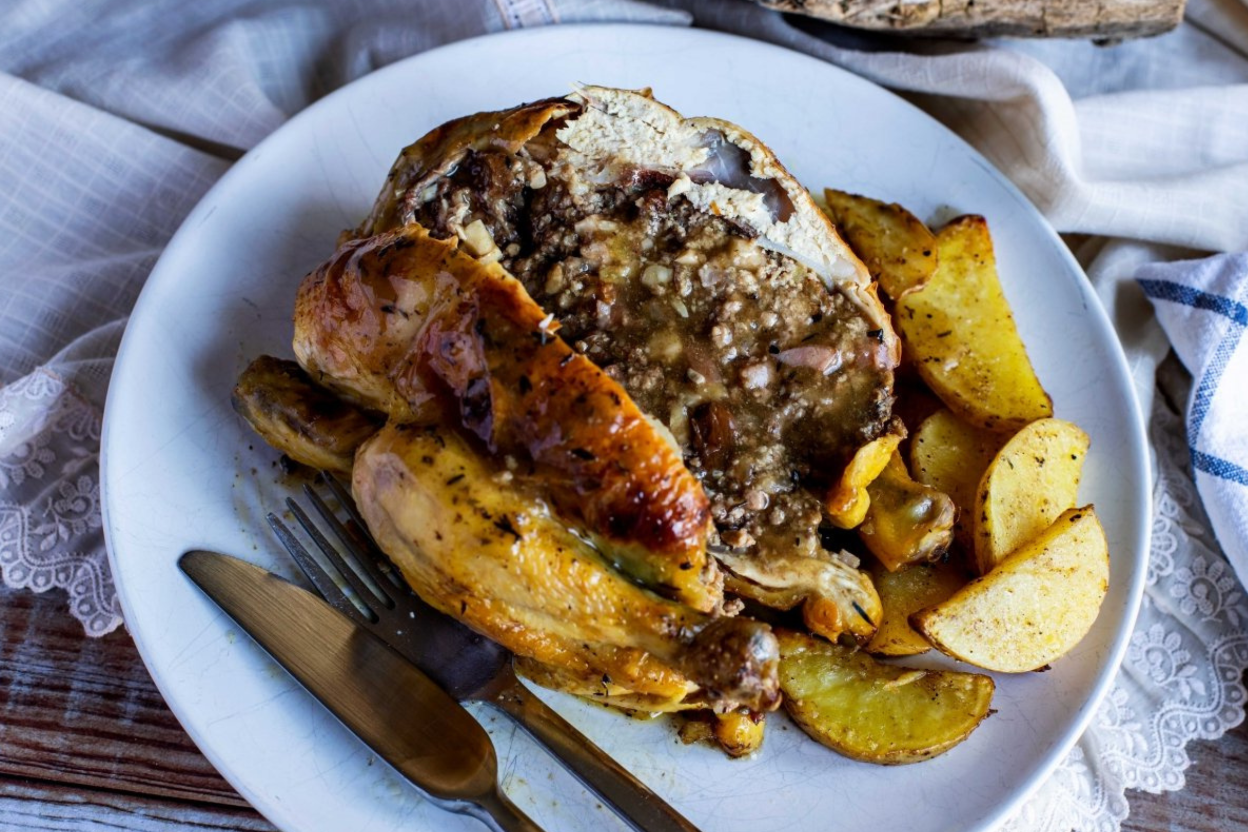 BAKED SQUAB STUFFED WITH ONION, BACON AND NUTS